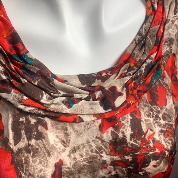 KASPER  Red Taupe Blue Abstract Floral Sleeveless Ruched Neckline Blouse L - Picture 2 of 5